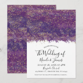 パープル金ゴールドモダン（ばちゃばちゃ）跳ねるグ結婚ラムの結婚 招待状