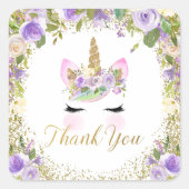 パープル金ゴールドユニコーンフローラありがとう スクエアシール (正面)