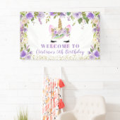 パープル金ゴールドユニコーンフローラ誕生日パーティバナー 横断幕 (インサイチュ)