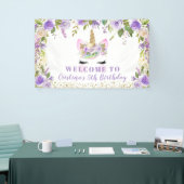 パープル金ゴールドユニコーンフローラ誕生日パーティバナー 横断幕 (トレードショー)