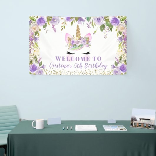 パープル金ゴールドユニコーンフローラ誕生日パーティバナー 横断幕 (トレードショー)