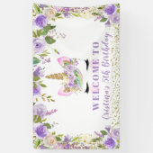 パープル金ゴールドユニコーンフローラ誕生日パーティバナー 横断幕 (縦)