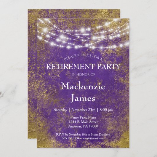 パープル金ゴールドライツリタイアメントパーティの招待状 招待状 (正面/裏面)