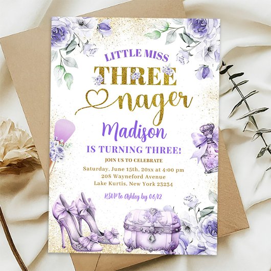 パープル金ゴールドリトル恋しく思スレーネガー第3誕生日 招待状