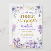 パープル金ゴールドリトル恋しく思スレーネガー第3誕生日 招待状 (正面)