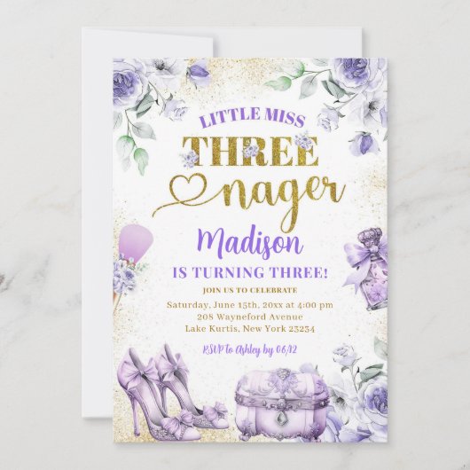 パープル金ゴールドリトル恋しく思スレーネガー第3誕生日 招待状 (正面)