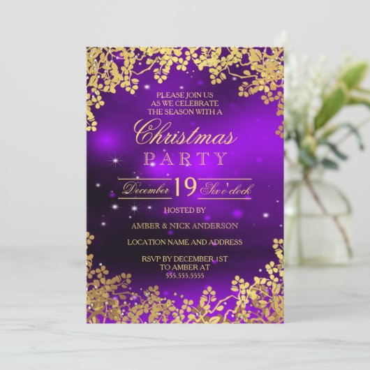 パープル金ゴールドリースクリスマスパーティの招待状 招待状 (スタンド正面)