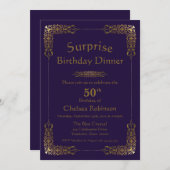 パープル金ゴールドレースサプライズ50th誕生日ディナー 招待状 (正面/裏面)