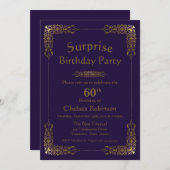 パープル金ゴールドレースサプライズ60thバースデーパーティー 招待状 (正面/裏面)