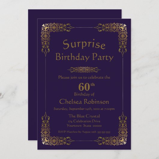 パープル金ゴールドレースサプライズ60thバースデーパーティー 招待状 (正面/裏面)