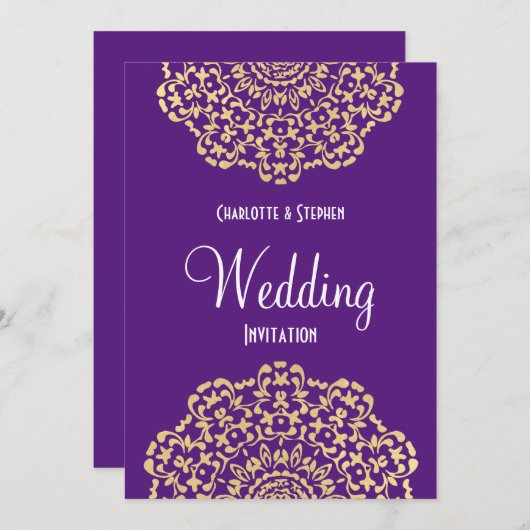 パープル金ゴールドヴィンテージレースエレガントウェディング 招待状 (正面/裏面)