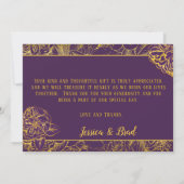 パープル金ゴールドヴィンテージ結婚フローラの写真ありがとう サンキューカード (裏面)