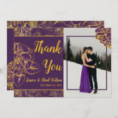 パープル金ゴールドヴィンテージ結婚フローラの写真ありがとう サンキューカード (正面/裏面)