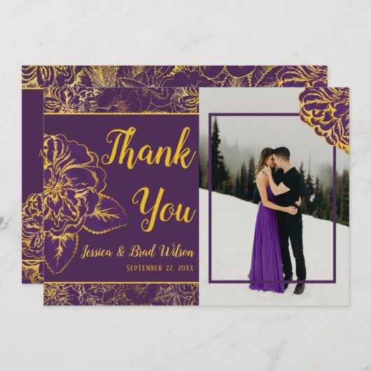 パープル金ゴールドヴィンテージ結婚フローラの写真ありがとう サンキューカード (正面/裏面)