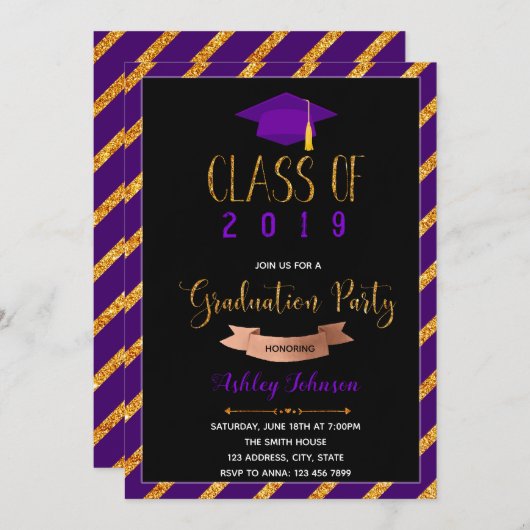 パープル金ゴールド卒業パーティーの招待 招待状 (正面/裏面)