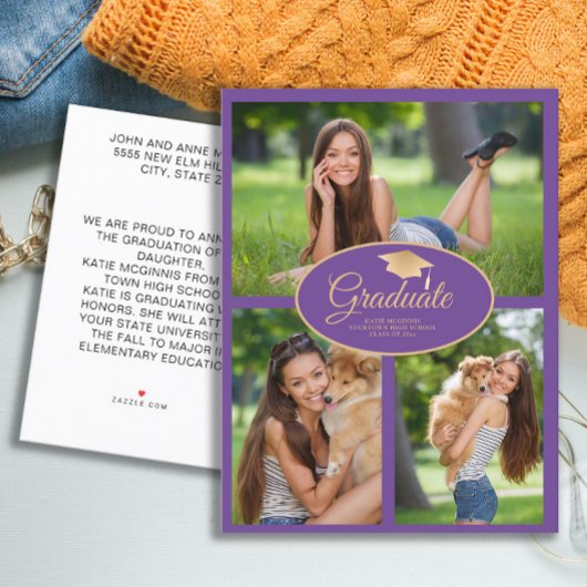 パープル金ゴールド卒業写真クラス2024 案内ポストカード