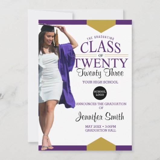 パープル金ゴールド卒業写真招待状 招待状 (正面)