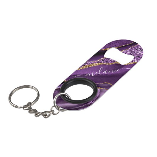 パープル金ゴールド名前をカスタムするキーチェーンボトルオープナー キーホルダー栓抜き (正面アングル)