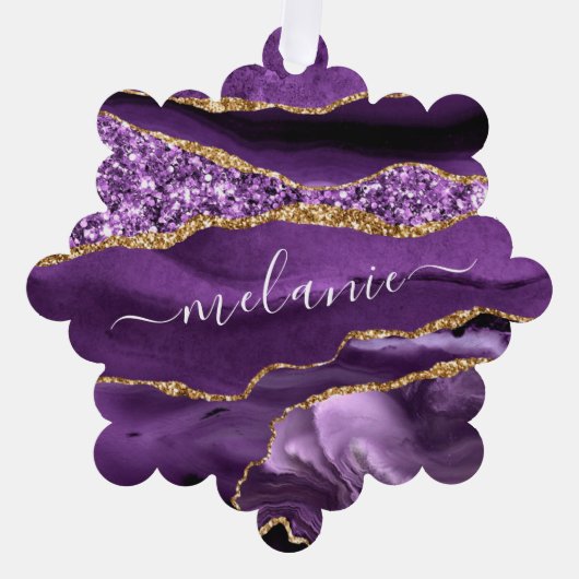 パープル金ゴールド名前をカスタムするクリスマスオーナメントカード オーナメントカード (正面)