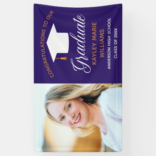 パープル金ゴールド大学院上級写真卒業パーティー 横断幕 (縦)