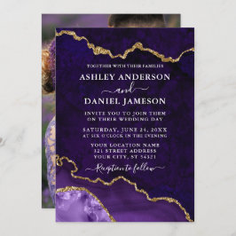 パープル金ゴールド大理石ゲートGeodeフォト結婚ズ 招待状