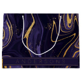 パープル金ゴールド大理石効果名メリークリスマス ラージペーパーバッグ (正面)