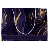 パープル金ゴールド大理石効果名メリークリスマス ラージペーパーバッグ (裏面)