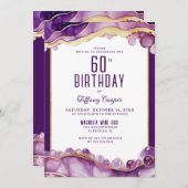 パープル金ゴールド大理石60番目の誕生日招待状 招待状 (正面/裏面)