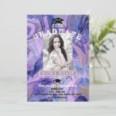パープル金ゴールド大理石Glam写真卒業パーティー 招待状 (スタンド正面)