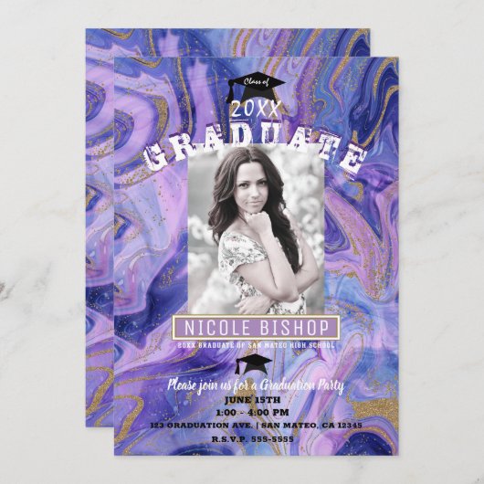 パープル金ゴールド大理石Glam写真卒業パーティー 招待状 (正面/裏面)