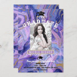 パープル金ゴールド大理石Glam写真卒業パーティー 招待状