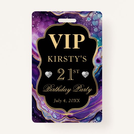 パープル金ゴールド天空グリッターアゲート誕生日VIP バッジ (正面)