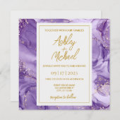 パープル金ゴールド抽象芸術大理石結婚式招待状 招待状 (正面/裏面)