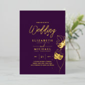 パープル金ゴールド熱帯の葉の宛先の結婚式 箔招待状 (立ち正面)
