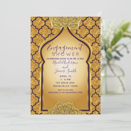 パープル金ゴールド王室のインディアンアラビア婚約シャワー 招待状 (スタンド正面)