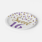パープル金ゴールド紙吹雪スウィート16バースデーパーティー ペーパープレート (アングル)