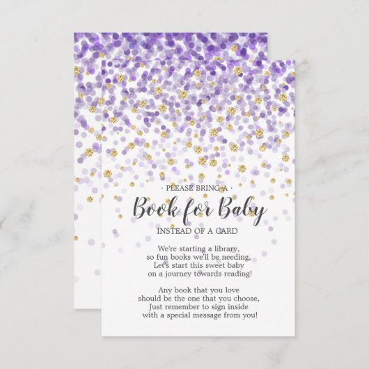 パープル金ゴールド紙吹雪ベビーシャワーベビー用ブック 招待状 (正面/裏面)