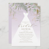パープル金ゴールド結婚グリーンリーズドレスブライダルシャワー 招待状 (正面/裏面)