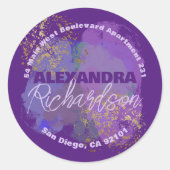 パープル金ゴールド芸術的ラウンド差出人住所ラベル ラウンドシール (正面)