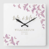 パープル金ゴールド蝶エレガントな結婚記念日 スクエア壁時計 (正面)