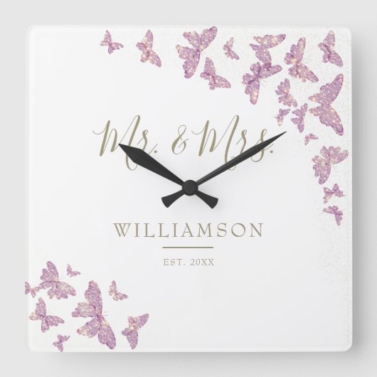 パープル金ゴールド蝶エレガントな結婚記念日 スクエア壁時計 (正面)