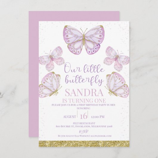 パープル金ゴールド蝶ガールズ1st誕生日インビタット 招待状 (正面/裏面)