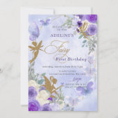 パープル金ゴールド蝶フェアリーファースト誕生日 招待状 (正面)