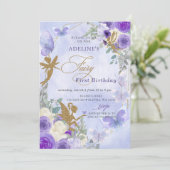 パープル金ゴールド蝶フェアリーファースト誕生日 招待状 (スタンド正面)