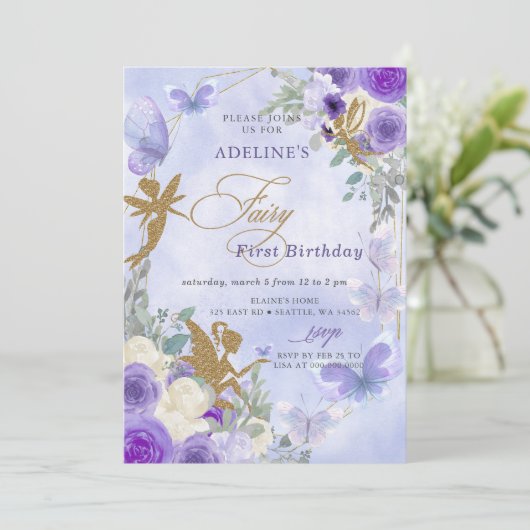 パープル金ゴールド蝶フェアリーファースト誕生日 招待状 (スタンド正面)