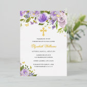 パープル金ゴールド蝶フローラガールバプテスマ 箔招待状 (立ち正面)