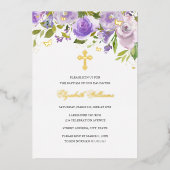 パープル金ゴールド蝶フローラガールバプテスマ 箔招待状 (正面)
