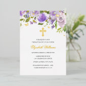 パープル金ゴールド蝶フローラガールバプテスマ 箔招待状 (立ち正面)