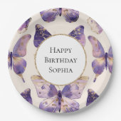 パープル金ゴールド蝶誕生日 ペーパープレート (正面)