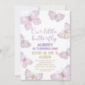 パープル金ゴールド蝶金ゴールドグリッター1st誕生日 招待状 (正面)